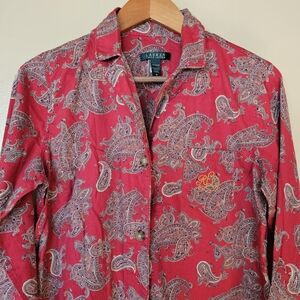 Lauren Ralph Lauren Red Paisley Button Front Cotton Nightgown M Preppy Classic